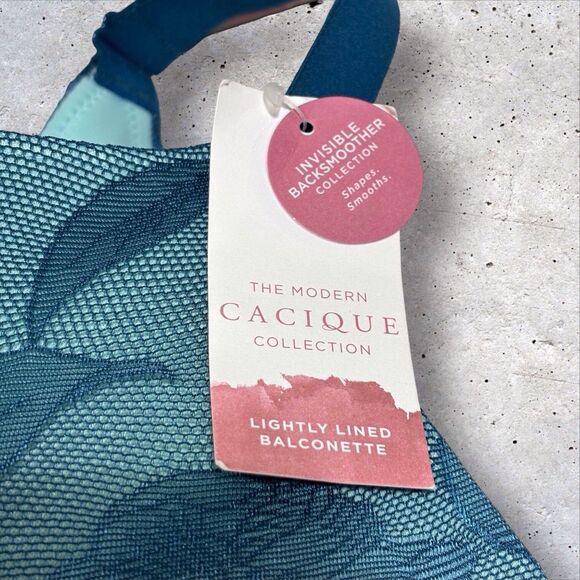 Cacique 46DD Invisible Back Smoother Bra Lace Lightly Lined Balconette Teal NWT - Picture 7 of 12